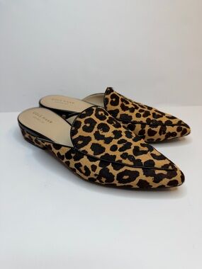 Cole Haan Leopard Print Calf Hair Pointed Toe Mule Flats Slip-On Loafer Chic